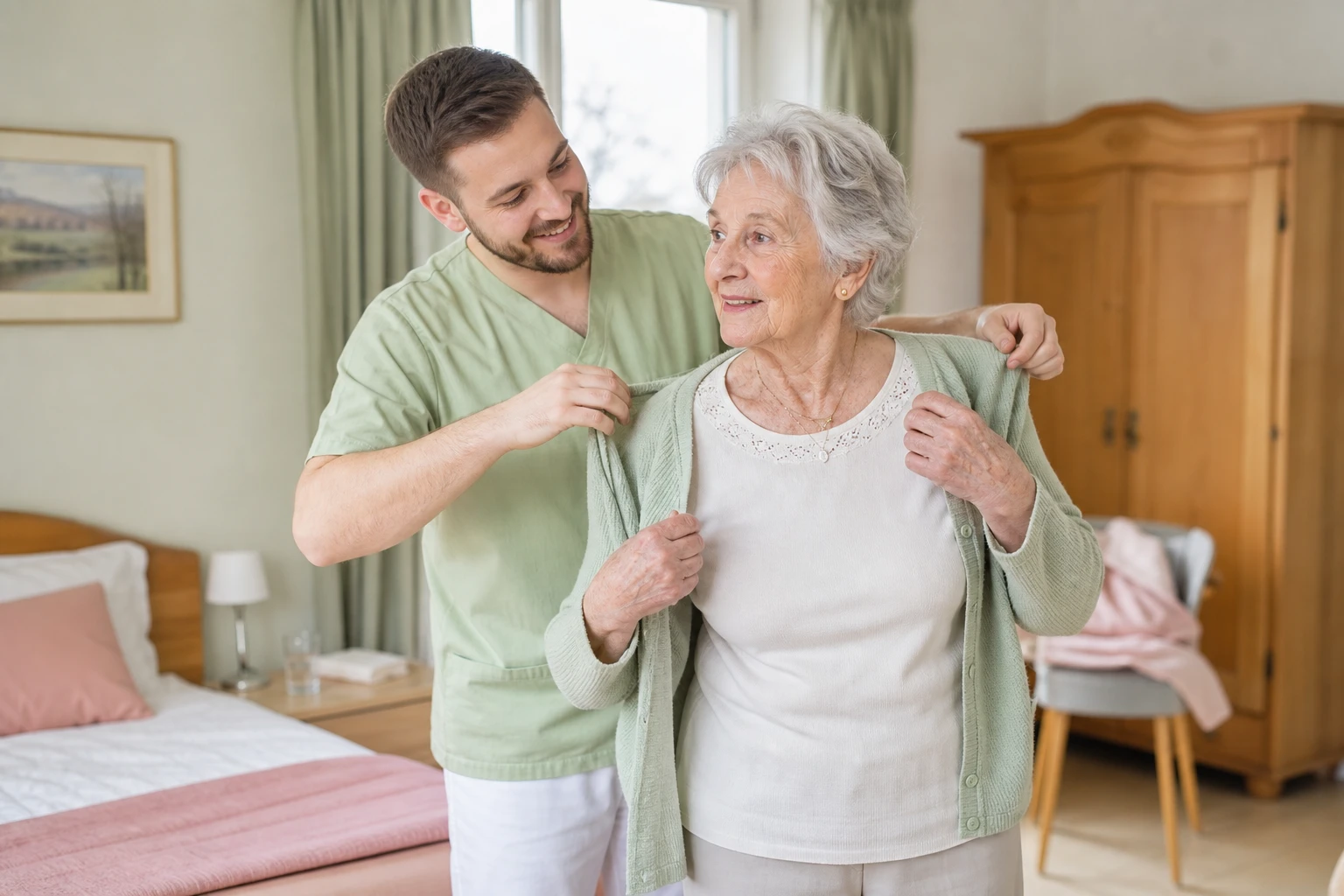 Eine Pflegekraft unterstützt eine Seniorin beim Ankleiden